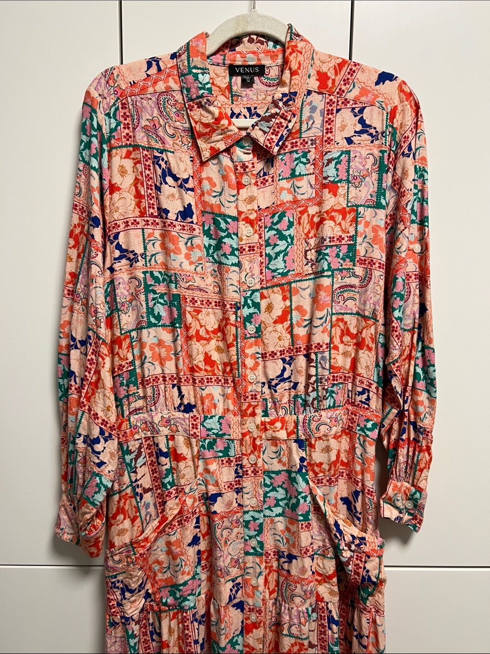 VENUS Linen Pink Patchwork Print Long-Sleeve Maxi Shirt Dress - Picture 8 of 17